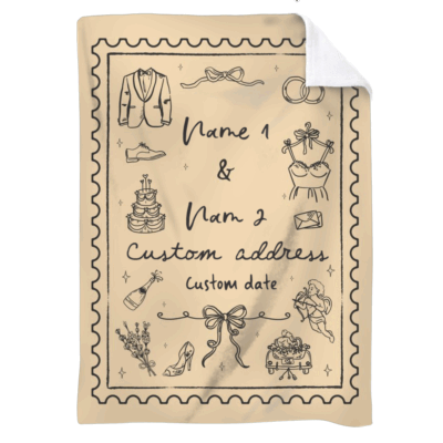 Personalized wedding blanket with hand-drawn wedding stamp illustrations, customizable with couple’s names, wedding date, and location. Available in multiple colors, making it a unique keepsake or anniversary gift.