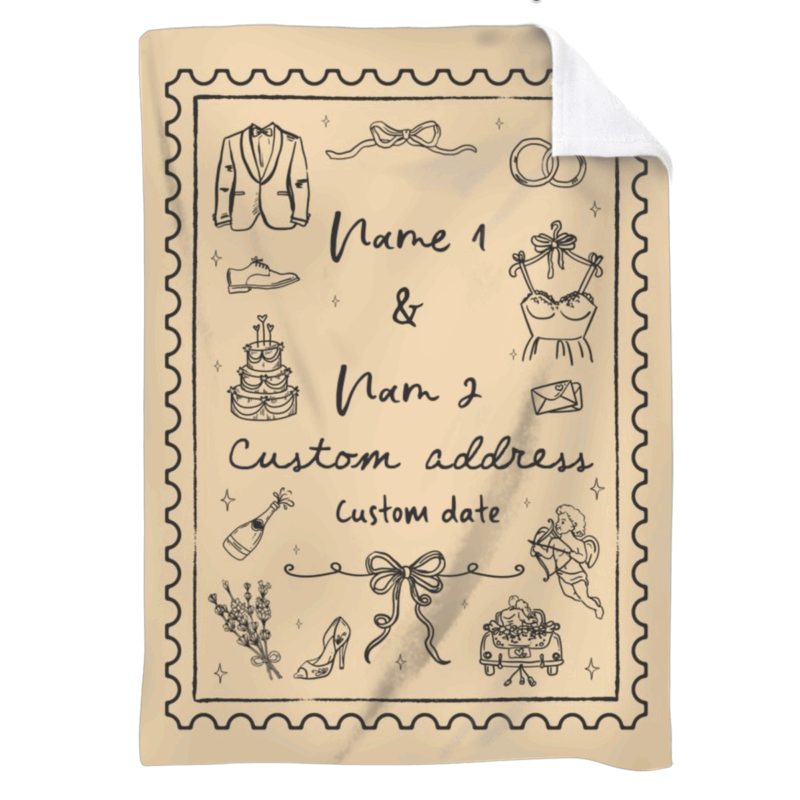 Personalized wedding blanket with hand-drawn wedding stamp illustrations, customizable with couple’s names, wedding date, and location. Available in multiple colors, making it a unique keepsake or anniversary gift.