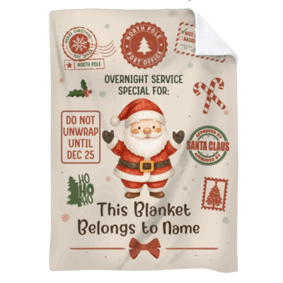 Personalized Christmas blanket for kids with festive clipart designs, personalized with child’s name. A cozy holiday gift available in different styles and themes.