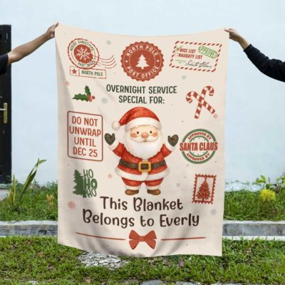 Personalized Christmas blanket for kids with festive clipart designs, personalized with child’s name. A cozy holiday gift available in different styles and themes.