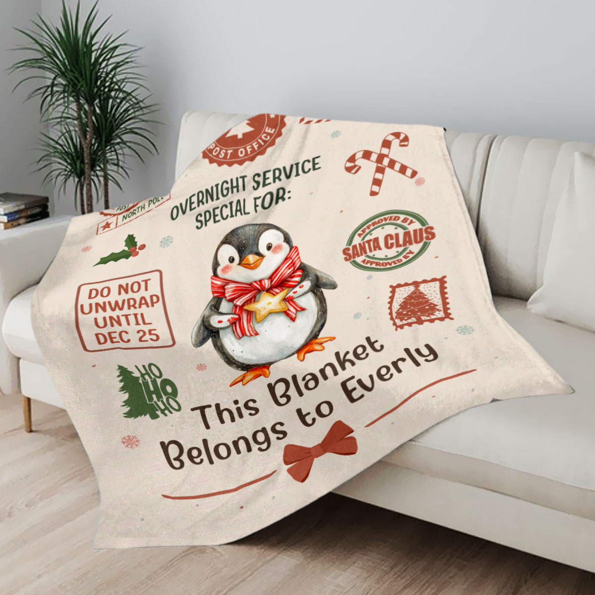 Personalized Christmas blanket for kids with festive clipart designs, personalized with child’s name. A cozy holiday gift available in different styles and themes.