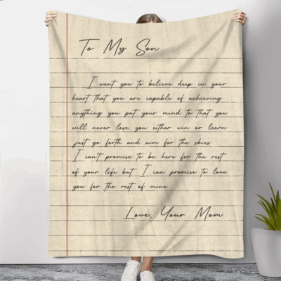 Personalized Letter to Son Blanket with love message from Mom and Dad, soft fleece throw, unique Christmas or birthday gift for son.