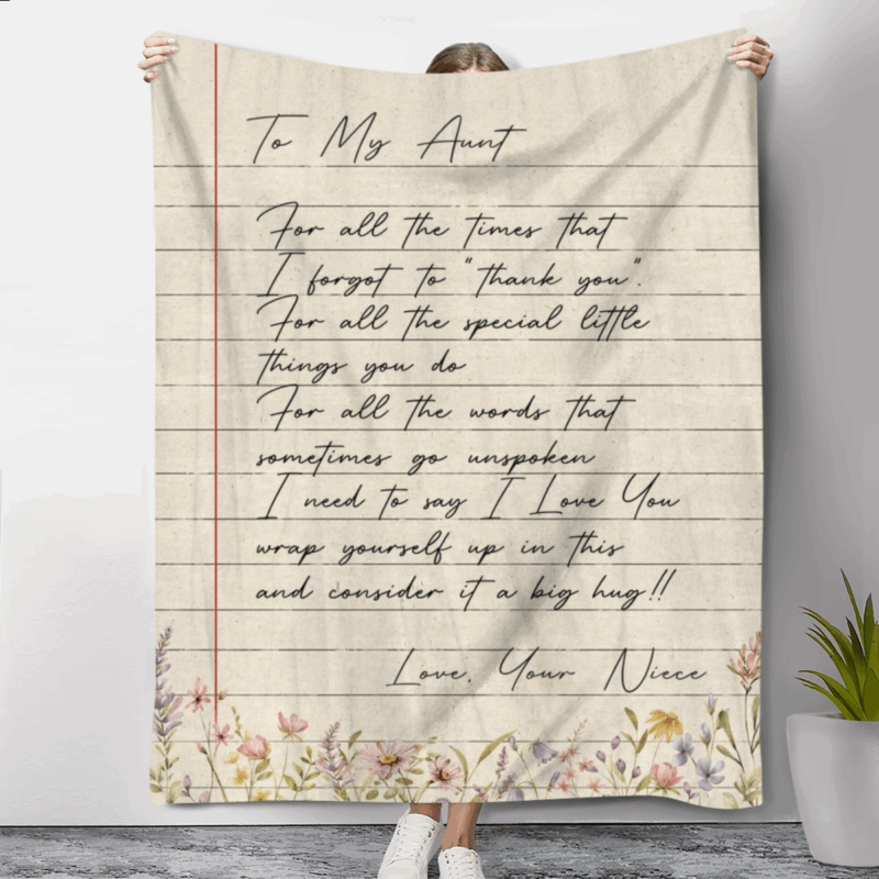 Personalized Letter To Aunt Blanket with love message from niece or nephew, cozy fleece throw, unique Christmas or birthday gift for aunt.