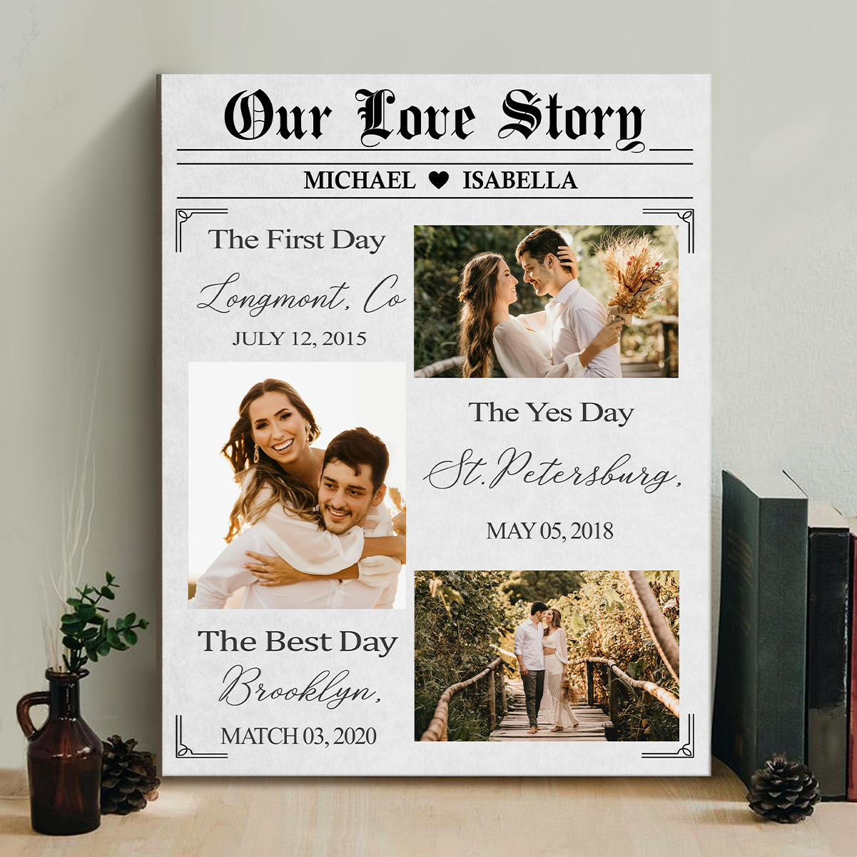 Our Love Story Photo Sign with personalized couple photos, names, locations, and dates. It's a unique anniversary, wedding, or engagement gift.