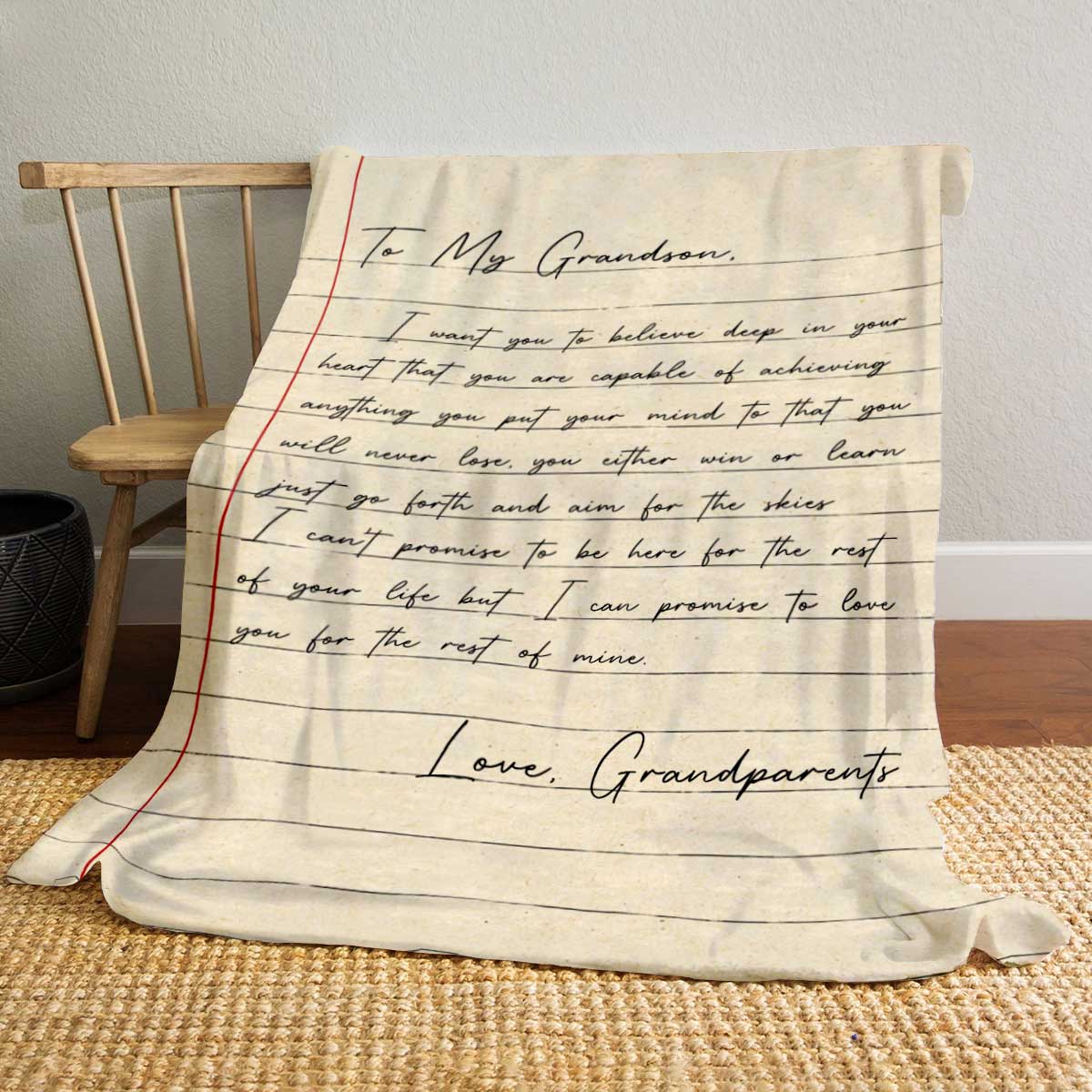 Personalized Letter To Grandson Blanket featuring heartfelt message from grandparents, soft fleece material, unique Christmas or birthday gift for grandson.