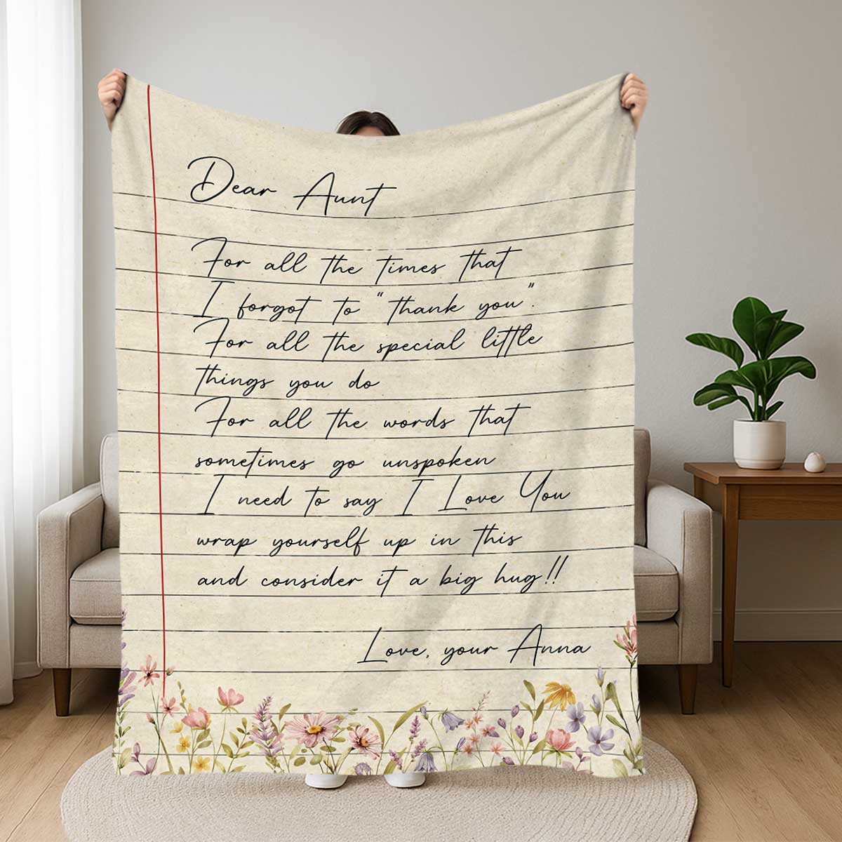 Personalized Letter To Aunt Blanket with love message from niece or nephew, cozy fleece throw, unique Christmas or birthday gift for aunt.