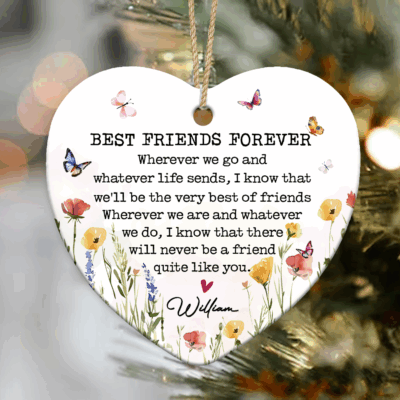Personalized Best Friends Forever heart-shaped ornament with wildflower design and friendship quote, Christmas gift keepsake for friend