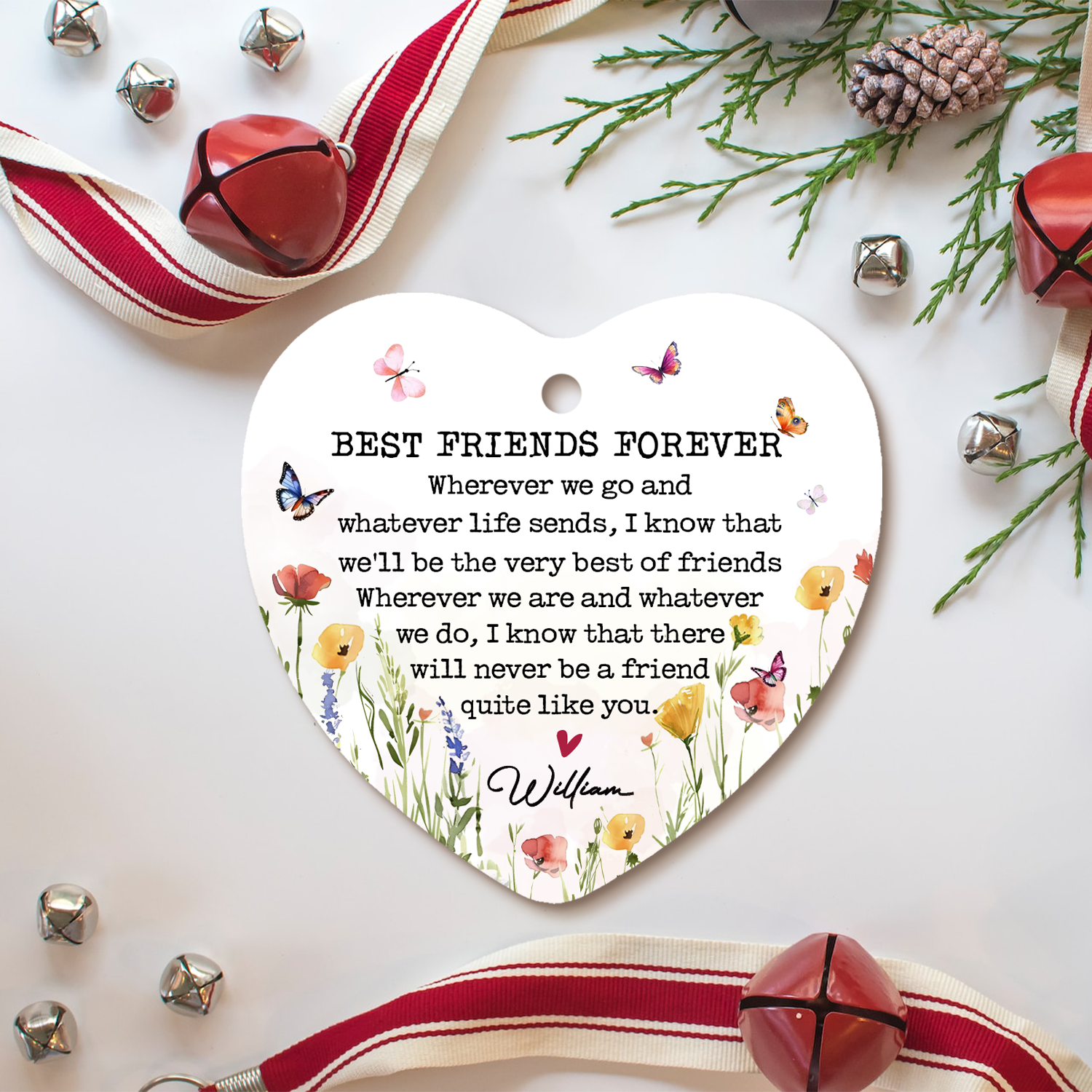 Personalized Best Friends Forever Ornament with wildflower design and friendship quote, Christmas gift keepsake for friend