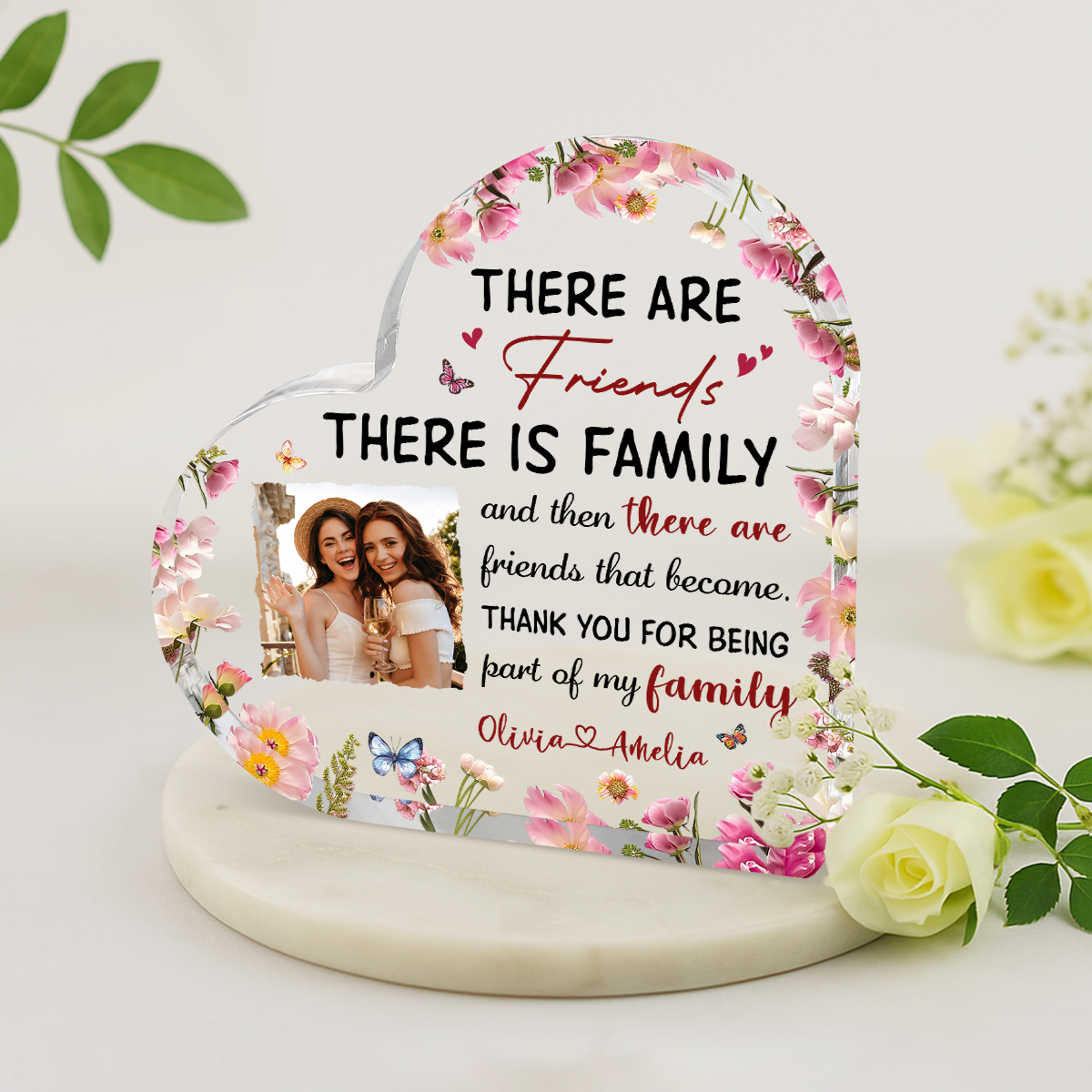 Personalized best friend heart acrylic plaque with custom photo, floral design, and friendship quote, unique gift for BFF or long-distance friend