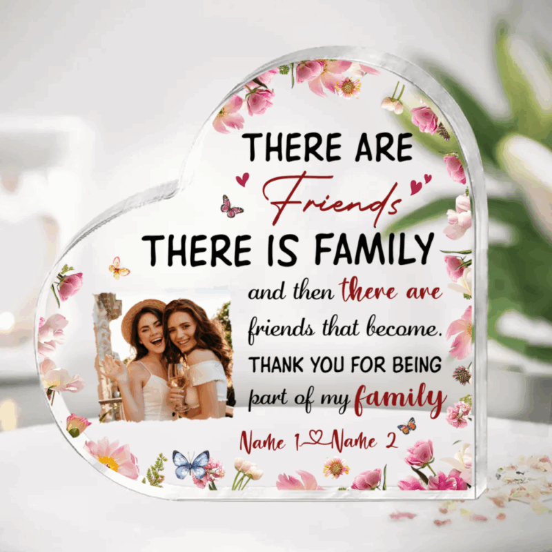 Personalized best friend heart acrylic plaque with custom photo, floral design, and friendship quote, unique gift for BFF or long-distance friend
