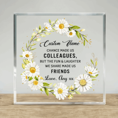 Personalized Colleague Gift with daisy floral design and heartfelt quote, Chance Made Us Colleagues But Fun and Laughter Made Us Friends, thoughtful colleague gift, birthday gift for coworker, or Christmas work friend keepsake.