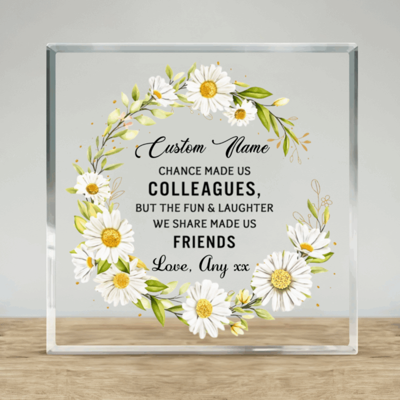 Personalized Colleague Gift with daisy floral design and heartfelt quote, Chance Made Us Colleagues But Fun and Laughter Made Us Friends, thoughtful colleague gift, birthday gift for coworker, or Christmas work friend keepsake.