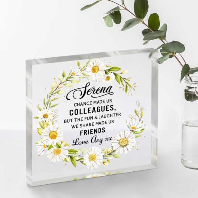 Personalized Colleague Gift with daisy floral design and heartfelt quote, Chance Made Us Colleagues But Fun and Laughter Made Us Friends, thoughtful colleague gift, birthday gift for coworker, or Christmas work friend keepsake.