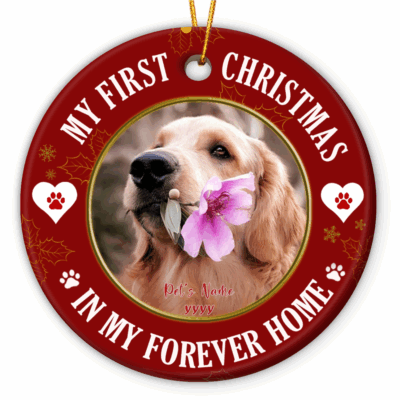 Personalized Dog First Christmas Ornament featuring custom pet photo, dog name, and year, with festive holiday design and paw print accents.