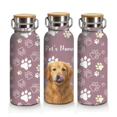 Personalized dog water bottle with custom pet portrait and name – cute paw print design, Christmas gift for dog lovers and pet owners.