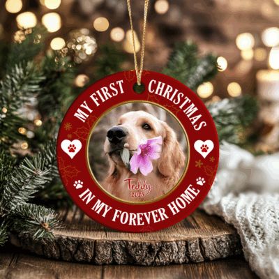Personalized Dog First Christmas Ornament featuring custom pet photo, dog name, and year, with festive holiday design and paw print accents.
