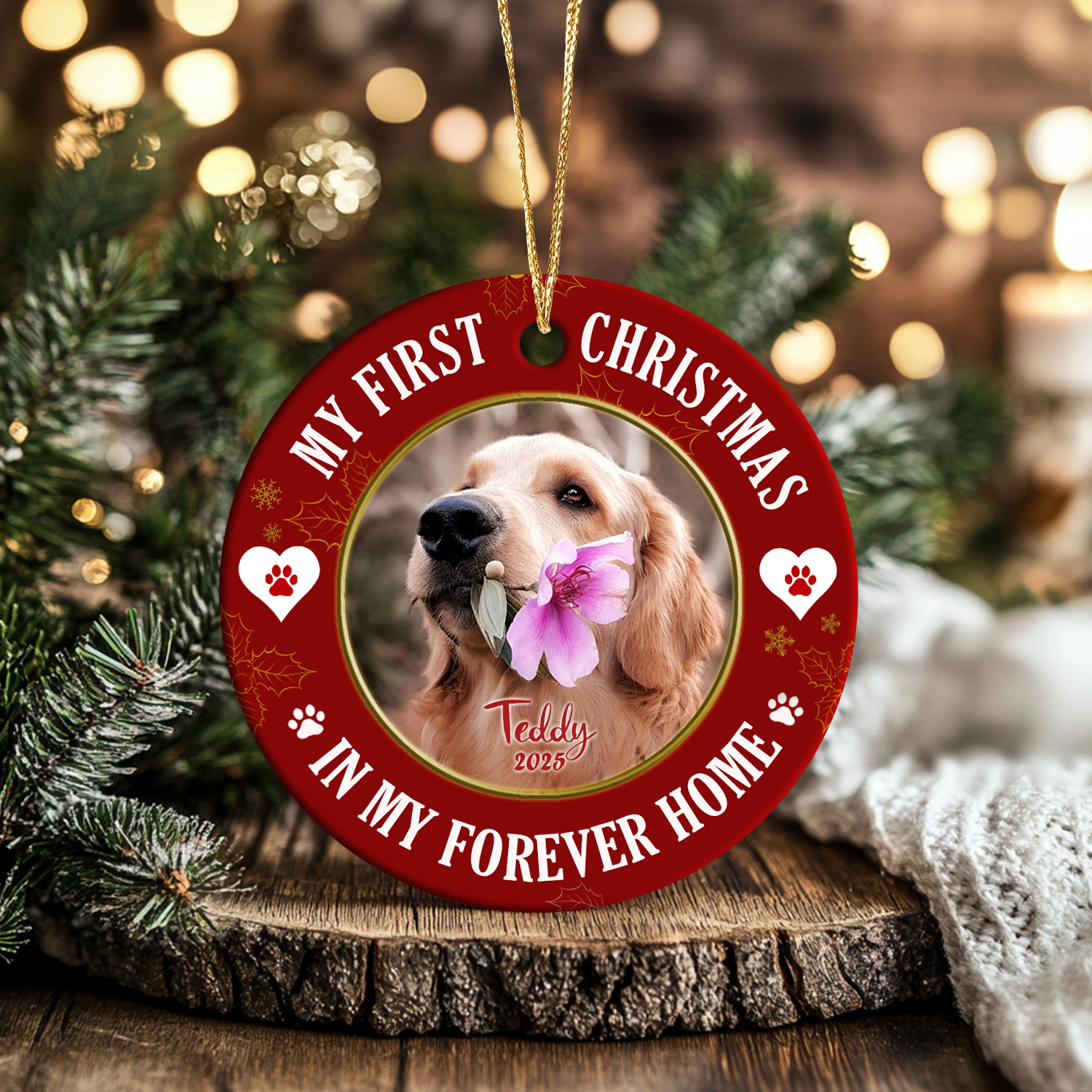 Personalized Dog First Christmas Ornament featuring custom pet photo, dog name, and year, with festive holiday design and paw print accents.