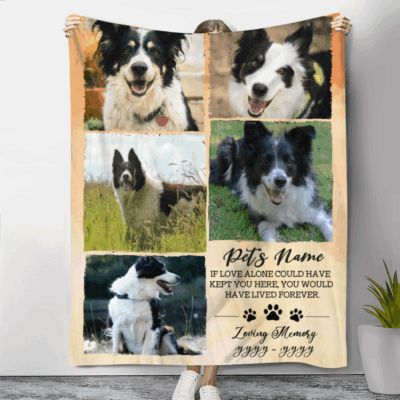Personalized dog memorial photo collage blanket with pet pictures and name, custom sympathy gift for dog owners, in loving memory keepsake.