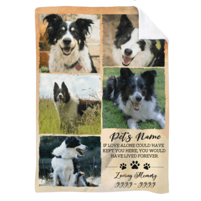 Personalized dog memorial photo collage blanket with pet pictures and name, custom sympathy gift for dog owners, in loving memory keepsake.