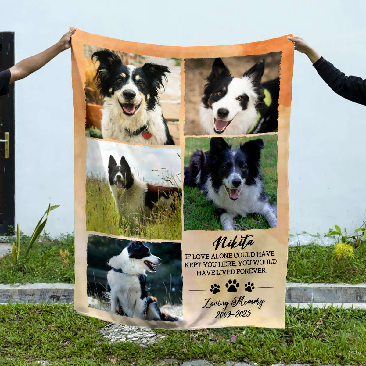 Personalized dog memorial photo collage blanket with pet pictures and name, custom sympathy gift for dog owners, in loving memory keepsake.