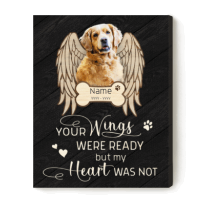 Custom Dog Portrait Canvas with Angel Wings featuring pet photo, name and year, personalized pet remembrance gift and Christmas pet sympathy present