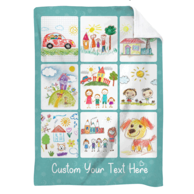 Personalized kids drawing blanket featuring children’s artwork, custom Christmas gift for mom, dad, or grandma, unique keepsake blanket.