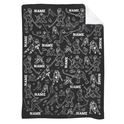 Personalized ice hockey blanket with custom name design, cozy fleece hockey gift for boys or teens, perfect Christmas or birthday present for hockey lovers.