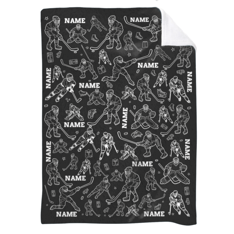 Personalized ice hockey blanket with custom name design, cozy fleece hockey gift for boys or teens, perfect Christmas or birthday present for hockey lovers.