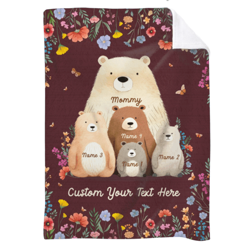 Personalized Mama Bear blanket with kids’ names, cozy fleece mom gift for Christmas, birthday, or Mother’s Day, sentimental keepsake from children.