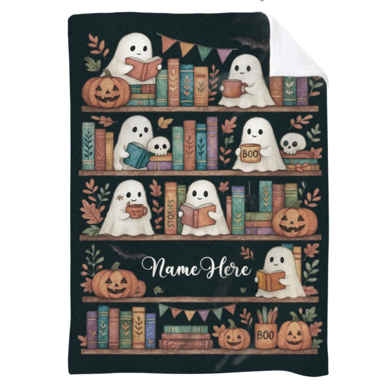 Personalized ghost bookshelf blanket with name, spooky cute Halloween blanket for book lovers, cozy fall reading gift, Halloween décor keepsake.