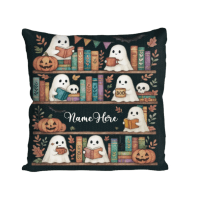 Personalized ghosts bookshelf pillow with custom name, cute spooky Halloween cushion for book lovers, cozy fall décor and seasonal gift.