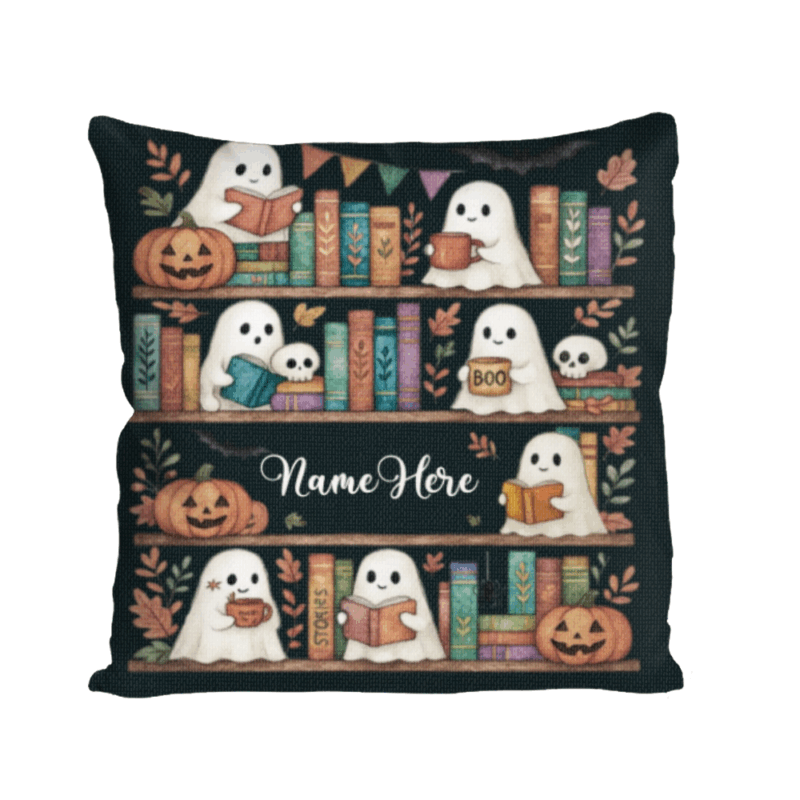 Personalized ghosts bookshelf pillow with custom name, cute spooky Halloween cushion for book lovers, cozy fall décor and seasonal gift.