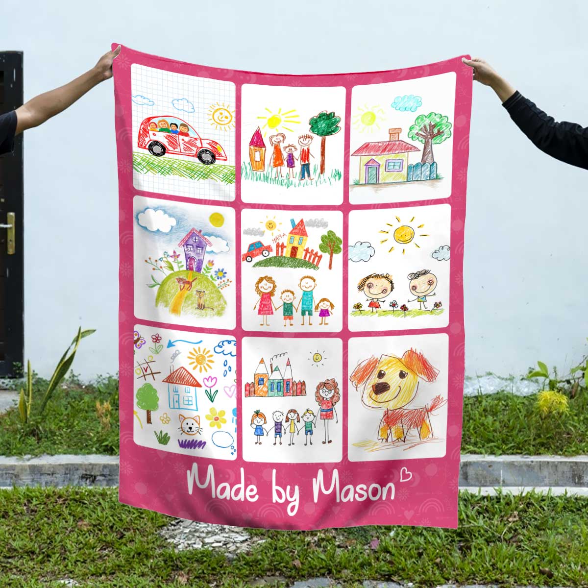 Personalized kids drawing blanket featuring children’s artwork, custom Christmas gift for mom, dad, or grandma, unique keepsake blanket.