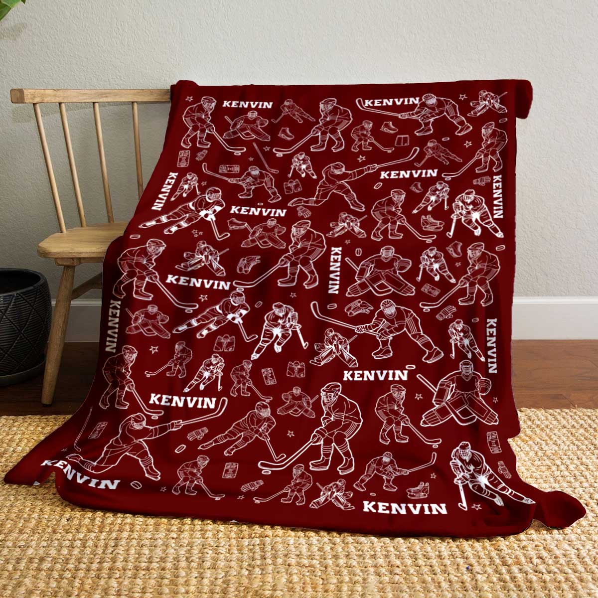 Personalized ice hockey blanket with custom name design, cozy fleece hockey gift for boys or teens, perfect Christmas or birthday present for hockey lovers.