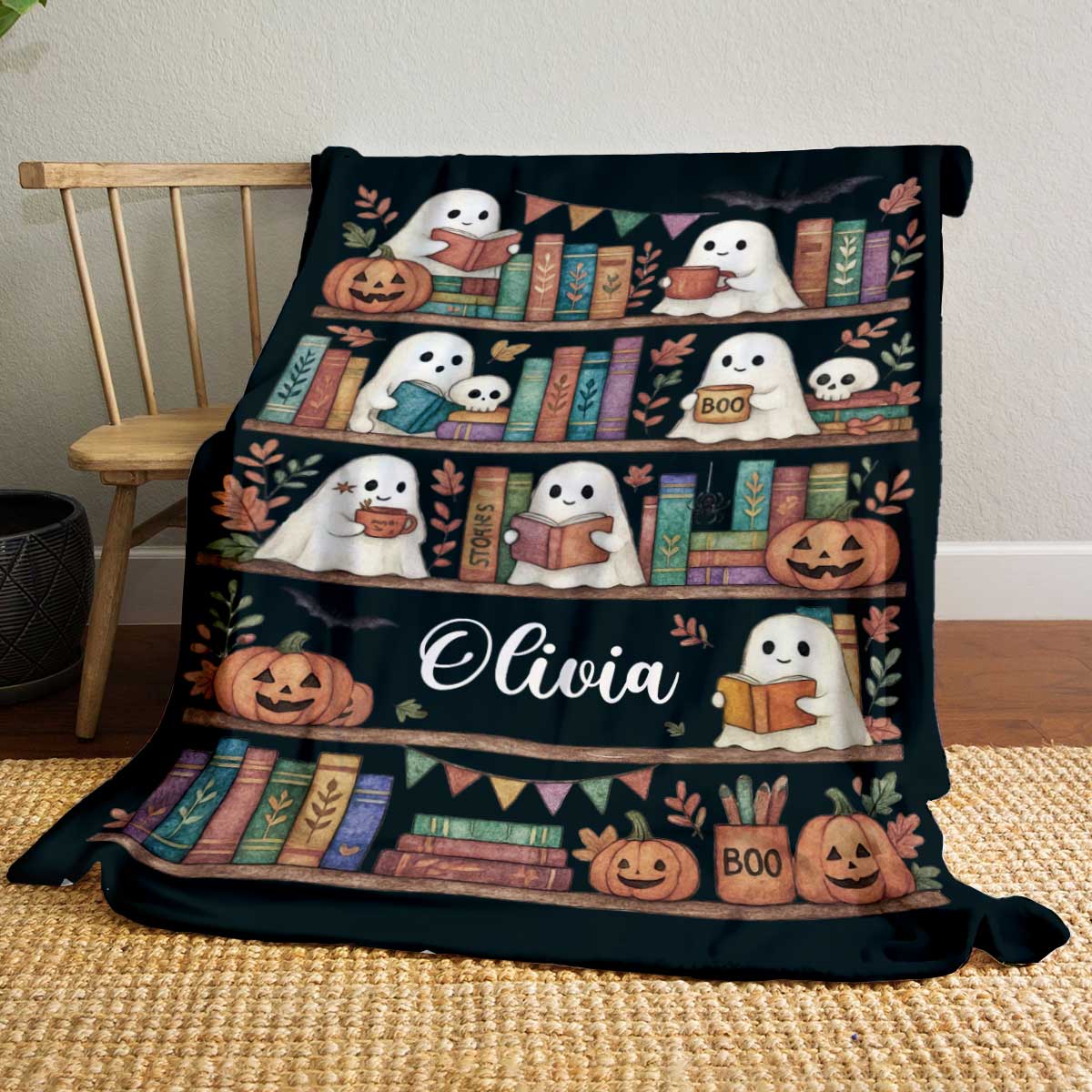 Personalized ghost bookshelf blanket with name, spooky cute Halloween blanket for book lovers, cozy fall reading gift, Halloween décor keepsake.