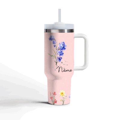 Personalized birth flower tumbler with custom name, floral travel mug gift for women, birthday or Christmas keepsake for mom, sister, or aunt.