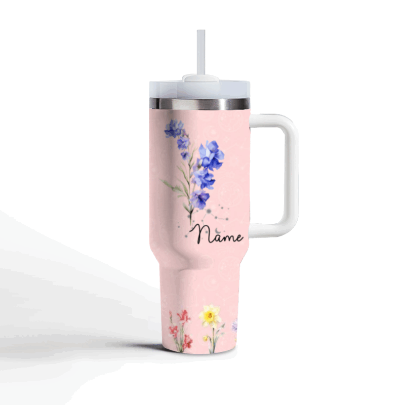 Personalized birth flower tumbler with custom name, floral travel mug gift for women, birthday or Christmas keepsake for mom, sister, or aunt.