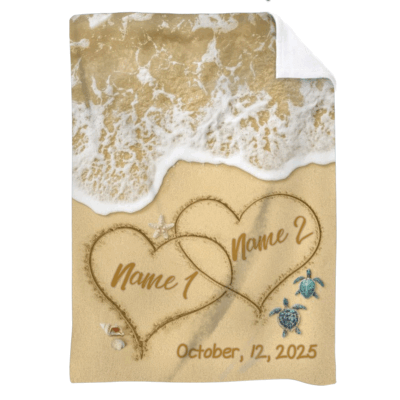 Custom Couple Name Blanket with beach design, two hearts drawn in the sand with personalized names and customizable wedding date, romantic anniversary gift.