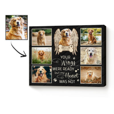 Custom Pet Memorial Photo Collage Canvas featuring multiple dog pictures, angel wings design with pet name and years, sympathy gift for pet loss.