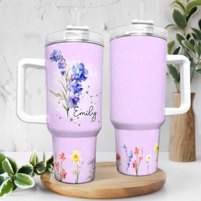 Personalized birth flower tumbler with custom name, floral travel mug gift for women, birthday or Christmas keepsake for mom, sister, or aunt.