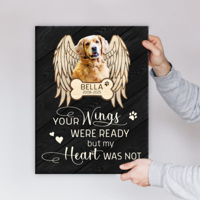 Custom Dog Portrait Canvas with Angel Wings featuring pet photo, name and year, personalized pet remembrance gift and Christmas pet sympathy present