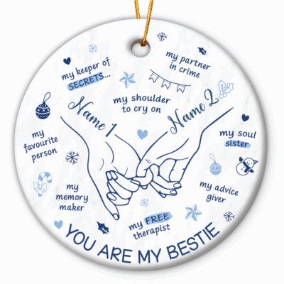 Personalized You Are My Bestie Christmas ornament with custom names, BFF friendship holiday decoration, unique best friend gift keepsake