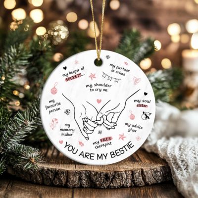 Personalized You Are My Bestie Christmas ornament with custom names, BFF friendship holiday decoration, unique best friend gift keepsake