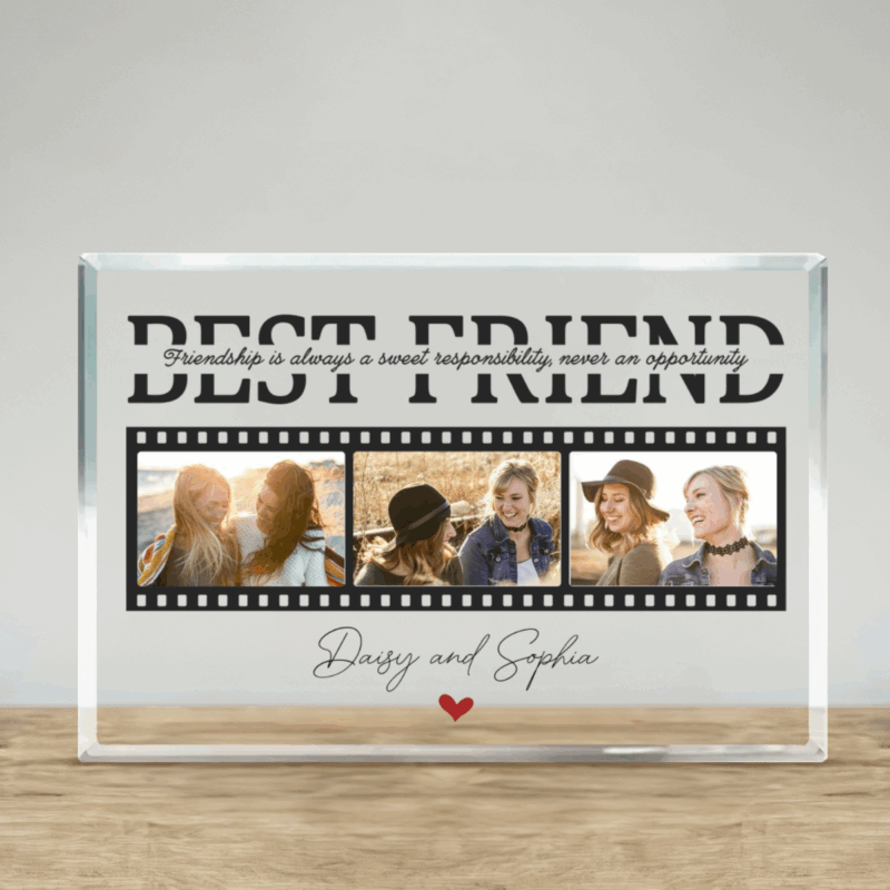 Best Friend Photo Collage Acrylic Plaque with custom pictures and names, unique BFF keepsake, friendship gift for Christmas or birthday.