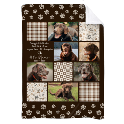 Custom dog photo memorial blanket with personalized pet pictures collage, sympathy gift for pet loss featuring name, years, paw prints, and quote Snuggle this blanket and think of me.
