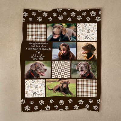 Custom dog photo memorial blanket with personalized pet pictures collage, sympathy gift for pet loss featuring name, years, paw prints, and quote Snuggle this blanket and think of me.