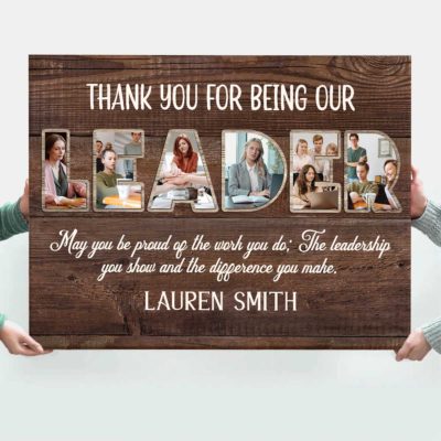 Personalized leader appreciation canvas with photo collage, custom retirement gift for boss or mentor, leadership thank-you wall art.