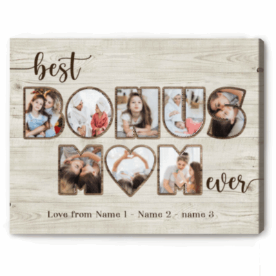 Personalized Bonus Mom Canvas wall art with custom names, heartfelt gift for stepmom or mother figure, perfect for Christmas, birthday, or appreciation.