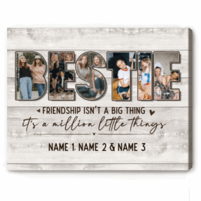 Personalized Bestie Photo Canvas Print with friendship collage, custom pictures, and names, unique Christmas or birthday gift for best friend.