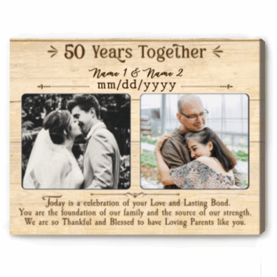 Personalized 50th Anniversary Photo Canvas with Then and Now design, custom names and dates, golden wedding gift for parents or grandparents.